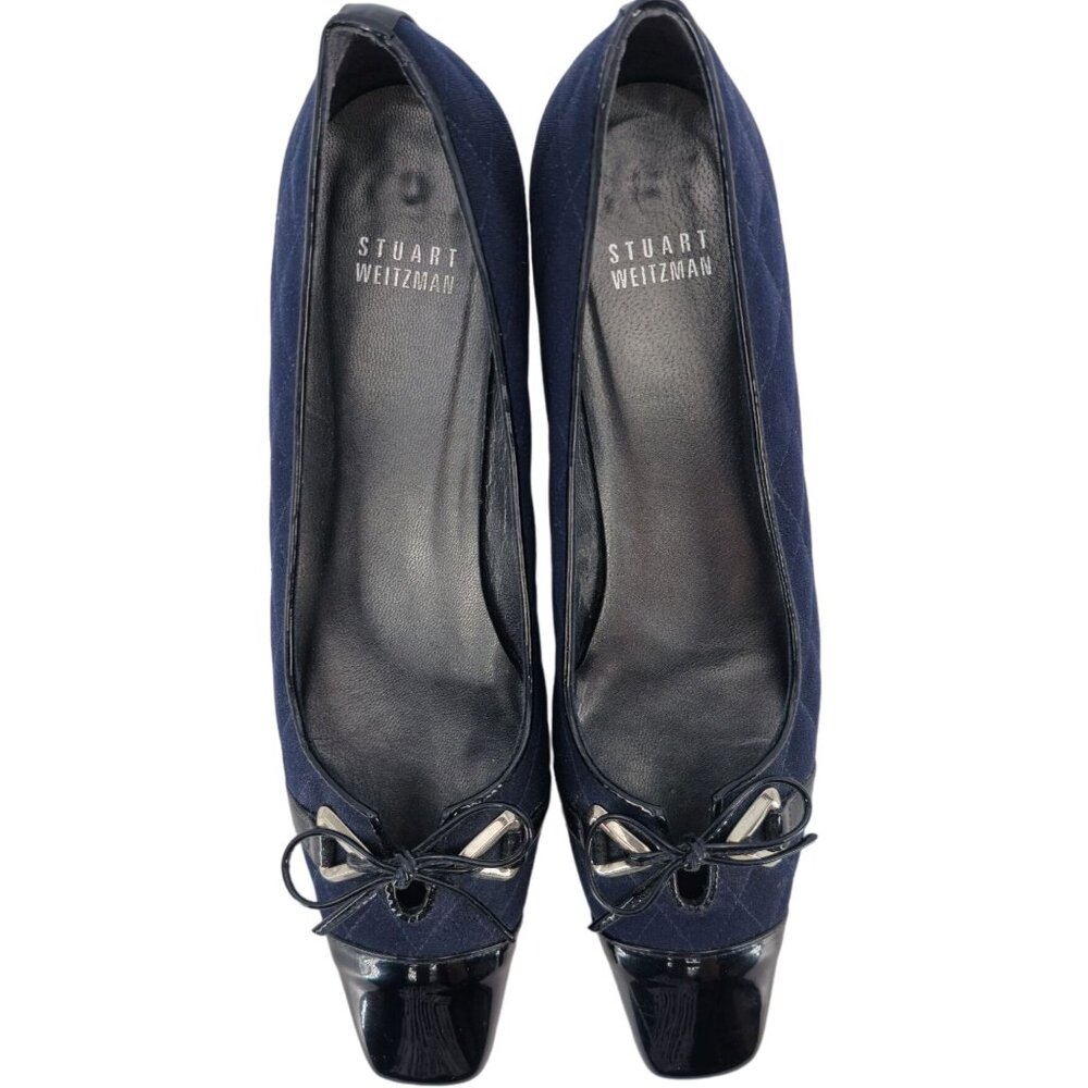 Stuart Weitzman 8.5AAAA Navy Crepe Fabric Black Leather Dress Bow Heels Womens - Picture 11 of 15
